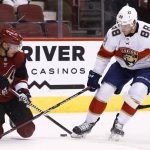 Arizona Coyotes left wing Max Domi (16) tries to keep the puck away from Florida Panthers left wing Jamie McGinn (88) during the first period of an NHL hockey game, Tuesday, Dec. 19, 2017, in Glendale, Ariz. (AP Photo/Ross D. Franklin)