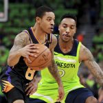 Phoenix Suns guard Tyler Ulis (8) drives against Minnesota Timberwolves guard Jeff Teague in the first quarter of an NBA basketball game on Saturday, Dec. 16, 2017, in Minneapolis. (AP Photo/Andy Clayton-King)