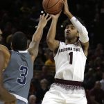 Arizona State guard Remy Martin (1) shoots over Longwood guard Kamil Chapman in the second half during an NCAA college basketball game, Tuesday, Dec 19, 2017, in Tempe, Ariz. Arizona State defeated Longwood 95-61. (AP Photo/Rick Scuteri)