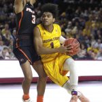 Arizona State guard Remy Martin (1) drives on Pacific guard Miles Reynolds in the second half during an NCAA college basketball game, Friday, Dec 22, 2017, in Tempe, Ariz. Arizona State defeated Pacific 104-65. (AP Photo/Rick Scuteri)