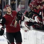 Arizona Coyotes defenseman Jakob Chychrun (6) celebrates with his team after scoring a goal against the Vegas Golden Knights during the second period of an NHL hockey game, Sunday, Dec. 3, 2017, in Las Vegas. (AP Photo/David Becker)
