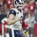 Los Angeles Rams punter Johnny Hekker (6) celebrates his field goal against the Arizona Cardinals during the first half of an NFL football game, Sunday, Dec. 3, 2017, in Glendale, Ariz. (AP Photo/Rick Scuteri)