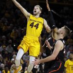 Arizona State guard Kodi Justice (44) drives on Pacific forward Jack Williams in the second half during an NCAA college basketball game, Friday, Dec 22, 2017, in Tempe, Ariz. Arizona State defeated Pacific 104-65. (AP Photo/Rick Scuteri)