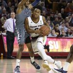 Arizona State guard Tra Holder (0) drives on Longwood guard B.K. Ashe in the second half during an NCAA college basketball game, Tuesday, Dec 19, 2017, in Tempe, Ariz. Arizona State defeated Longwood 95-61. (AP Photo/Rick Scuteri)
