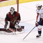 Arizona Coyotes goalie Scott Wedgewood (31) makes a save on a shot by Washington Capitals right wing T.J. Oshie (77) during the third period of an NHL hockey game, Friday, Dec. 22, 2017, in Glendale, Ariz. The Coyotes defeated the Capitals 3-2 in overtime. (AP Photo/Ross D. Franklin)