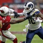 Los Angeles Rams running back Todd Gurley (30) is tackled by Arizona Cardinals linebacker Josh Bynes (57) during the first half of an NFL football game, Sunday, Dec. 3, 2017, in Glendale, Ariz. (AP Photo/Ross D. Franklin)