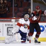 Arizona Coyotes right wing Christian Fischer (36) celebrates his goal against Florida Panthers goalie James Reimer (34) during the first period of an NHL hockey game, Tuesday, Dec. 19, 2017, in Glendale, Ariz. (AP Photo/Ross D. Franklin)