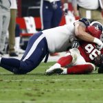 Arizona Cardinals inside linebacker Kareem Martin (96) intercepts a pass as Los Angeles Rams offensive tackle Rob Havenstein makes the tackle during the first half of an NFL football game, Sunday, Dec. 3, 2017, in Glendale, Ariz. (AP Photo/Ross D. Franklin)