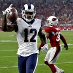 Los Angeles Rams wide receiver Sammy Watkins (12) scores a touchdown against the Arizona Cardinals during the second half of an NFL football game, Sunday, Dec. 3, 2017, in Glendale, Ariz. (AP Photo/Ross D. Franklin)