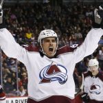 Colorado Avalanche right wing Nail Yakupov celebrates his goal against the Arizona Coyotes during the second period of an NHL hockey game, Saturday, Dec. 23, 2017, in Glendale, Ariz. (AP Photo/Ross D. Franklin)
