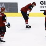 Arizona Coyotes defenseman Jakob Chychrun (6), right wing Tobias Rieder (8) and center Clayton Keller (9) skate off the ice after the team's 6-2 loss to the Colorado Avalanche in an NHL hockey game Saturday, Dec. 23, 2017, in Glendale, Ariz. (AP Photo/Ross D. Franklin)