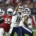 Los Angeles Rams quarterback Jared Goff (16) throws as Arizona Cardinals outside linebacker Chandler Jones (55) pursues during the second half of an NFL football game, Sunday, Dec. 3, 2017, in Glendale, Ariz. (AP Photo/Ross D. Franklin)
