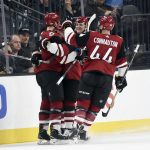 The Arizona Coyotes celebrate a goal against the Vegas Golden Knights during the second period of an NHL hockey game, Sunday, Dec. 3, 2017, in Las Vegas. (AP Photo/David Becker)