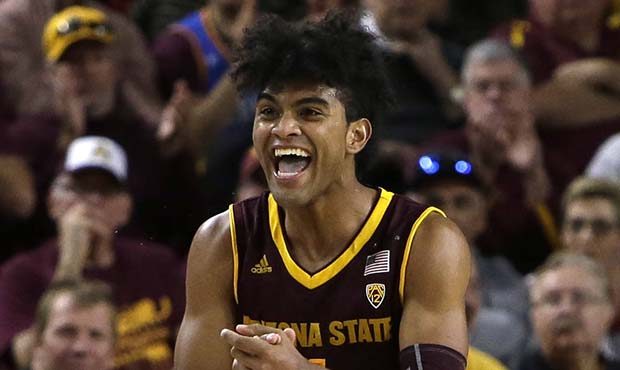 Arizona State guard Remy Martin (1) reacts after defeating Vanderbilt 76-64 during an NCAA college ...