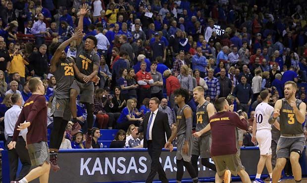 Arizona State forward Romello White (23) and guard Shannon Evans II (11) celebrate after an NCAA co...