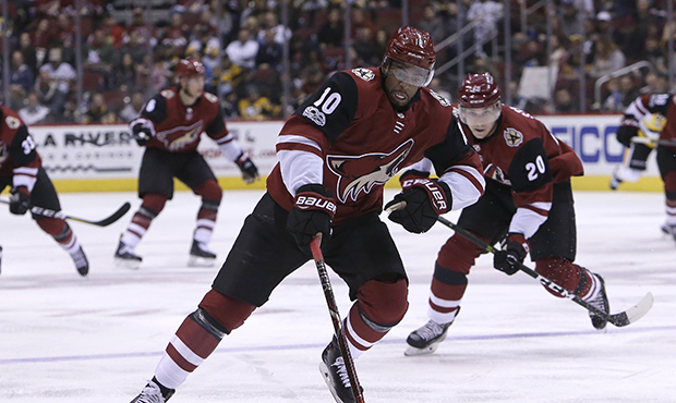 Arizona Coyotes left wing Anthony Duclair (10) in the first period during an NHL hockey game agains...