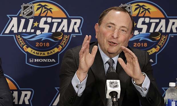 NHL Commissioner Gary Bettman gestures during a news conference before the Skills Competition at th...