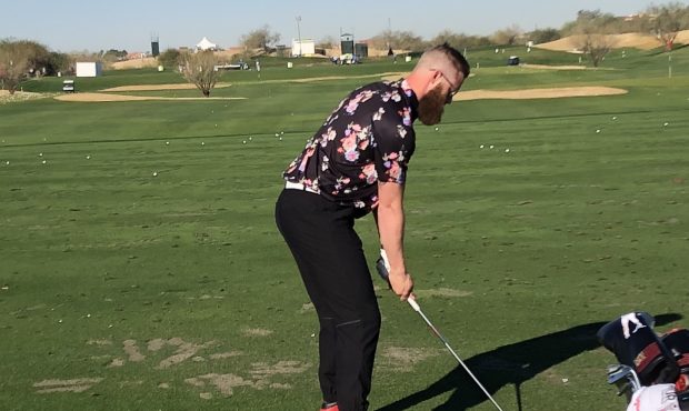 Diamondbacks pitcher Archie Bradley prepares at the driving range for his round on Wednesday at the...