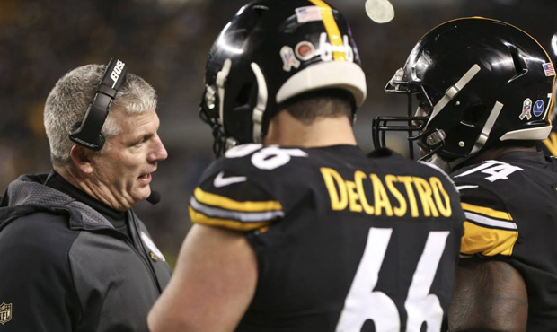 FILE - In this file photo from Nov. 26, 2017, Pittsburgh Steelers offensive line coach Mike Munchak...