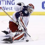 Columbus Blue Jackets goaltender Sergei Bobrovsky (72) makes a save on a shot by the Arizona Coyotes during the second period of an NHL hockey game, Thursday, Jan. 25, 2018, in Glendale, Ariz. (AP Photo/Ross D. Franklin)