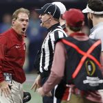 Alabama coach Nick Saban argues a call during the first half of the NCAA college football playoff championship game against Georgia in Atlanta on Monday, Jan. 8, 2018. (Joshua L. Jones/Athens Banner-Herald via AP)