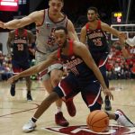 Arizona guard Parker Jackson-Cartwright (0) dribbles around Stanford forward Reid Travis (22) during the first half of an NCAA college basketball game Saturday, Jan. 20, 2018, in Stanford, Calif. (AP Photo/Tony Avelar)