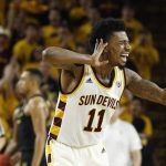 Arizona State guard Shannon Evans II (11) celebrates with the cheering crowd after a making basket against Oregon during the first half of an NCAA college basketball game, Thursday, Jan. 11, 2018, in Tempe, Ariz. (AP Photo/Ross D. Franklin)