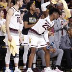 Arizona State forward Romello White (23) and forward Vitaliy Shibel (10) cheer from the bench during the second half of an NCAA college basketball game against Colorado, Saturday, Jan. 27, 2018, in Tempe, Ariz. (AP Photo/Matt York)