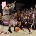 Arizona State guard Remy Martin (1) dribbles past Stanford center Josh Sharma, left, during the first half of an NCAA college basketball game Wednesday, Jan. 17, 2018, in Stanford, Calif. (AP Photo/Marcio Jose Sanchez)