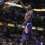 Phoenix Suns' Josh Jackson dunks during the second half of the team's NBA basketball game against the Indiana Pacers, Wednesday, Jan. 24, 2018, in Indianapolis. The Pacers won 116-101. (AP Photo/Darron Cummings)