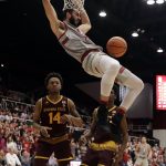 Stanford center Josh Sharma, top, dunks against Arizona State during the second half of an NCAA college basketball game Wednesday, Jan. 17, 2018, in Stanford, Calif. (AP Photo/Marcio Jose Sanchez)