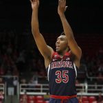 Arizona guard Allonzo Trier (35) takes a three-point shot against Stanford during the first half of an NCAA college basketball game Saturday, Jan. 20, 2018, in Stanford, Calif. (AP Photo/Tony Avelar)