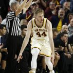 Arizona State guard Kodi Justice (44) celebrates after making a three-point basket against Oregon during the first half of an NCAA college basketball game, Thursday, Jan. 11, 2018, in Tempe, Ariz. (AP Photo/Ross D. Franklin)