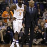 New York Knicks forward Tim Hardaway Jr. (3) gets helped off the court during the second half of the team's NBA basketball game against the Phoenix Suns, Friday, Jan. 26, 2018, in Phoenix. The Knicks defeated the Suns 107-85. (AP Photo/Rick Scuteri)