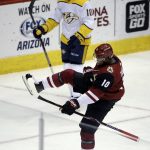 Arizona Coyotes left wing Anthony Duclair (10) celebrates after scoring a goal against the Nashville Predators during the second period during an NHL hockey game Thursday, Jan. 4, 2018, in Glendale, Ariz. (AP Photo/Rick Scuteri)