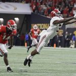 Alabama wide receiver Calvin Ridley can't catch a pass during the second half of the NCAA college football playoff championship game against Georgia Monday, Jan. 8, 2018, in Atlanta. (AP Photo/David J. Phillip)