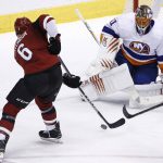 New York Islanders goaltender Jaroslav Halak (41) makes a save on a shot by Arizona Coyotes defenseman Jakob Chychrun (6) during the second period of an NHL hockey game, Monday, Jan. 22, 2018, in Glendale, Ariz. (AP Photo/Ross D. Franklin)