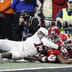 Georgia's Terry Godwinr is short of the goal during the first half of the NCAA college football playoff championship game against Alabama Monday, Jan. 8, 2018, in Atlanta. (AP Photo/David Goldman)