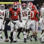 Georgia's Riley Ridley celebrates after a catch for a first down during the first half of the NCAA college football playoff championship game Monday, Jan. 8, 2018, in Atlanta. (AP Photo/David J. Phillip)
