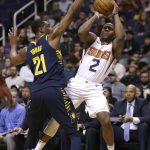 Phoenix Suns guard Isaiah Canaan (2) shoots in front of Indiana Pacers forward Thaddeus Young in the second half during an NBA basketball game, Sunday, Jan. 14, 2018, in Phoenix. The Pacers defeated the Suns 120-97. (AP Photo/Rick Scuteri)