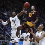 Arizona State's Shannon Evans II (11) shoots between California's Darius McNeill, left, and Justice Sueing during the second half of an NCAA college basketball game Saturday, Jan. 20, 2018, in Berkeley, Calif. (AP Photo/Ben Margot)