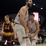 Stanford center Josh Sharma, center, celebrates after dunking against Arizona State during the second half of an NCAA college basketball game Wednesday, Jan. 17, 2018, in Stanford, Calif. (AP Photo/Marcio Jose Sanchez)