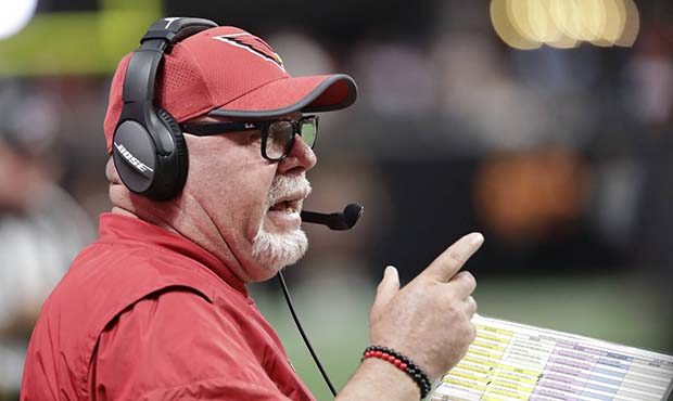 Arizona Cardinals head coach Bruce Arians works against the Atlanta Falcons during the first half o...