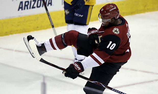 Arizona Coyotes left wing Anthony Duclair (10) celebrates after scoring a goal against the Nashvill...
