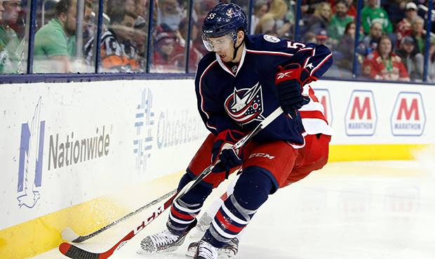 Columbus Blue Jackets' John Ramage plays against the Detroit Red Wings during an NHL hockey game Th...