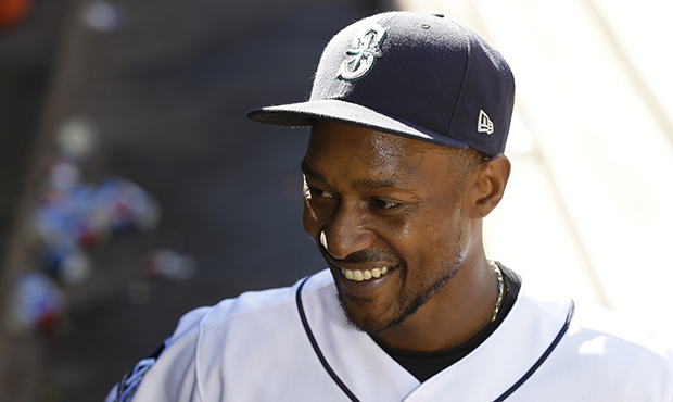 Seattle Mariners' Jarrod Dyson is interviewed after a baseball game against the New York Mets, Satu...