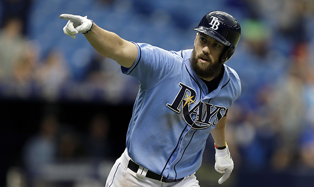 FILE - In this Sunday, Aug. 6, 2017 file photo, Tampa Bay Rays' Steven Souza Jr. celebrates after h...