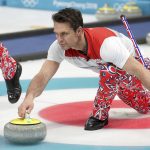Norway's skip Thomas Ulsrud prepares to launch the stone during their men's curling match against United States at the 2018 Winter Olympics in Gangneung, South Korea, Sunday, Feb. 18, 2018. (AP Photo/Aaron Favila)