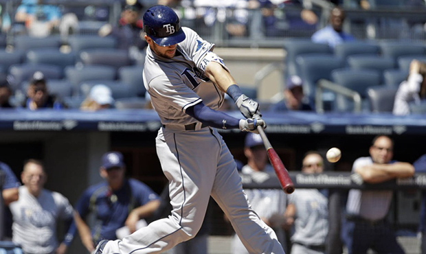 Tampa Bay Rays' Steven Souza Jr. hits a two-run home run during the first inning of a baseball game...