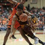 Arizona State's Remy Martin, front, is fouled by Oregon State's Ethan Thompson, rear, in the second half of an NCAA college basketball game in Corvallis, Ore., Saturday, Feb. 24, 2018. (AP Photo/Timothy J. Gonzalez)